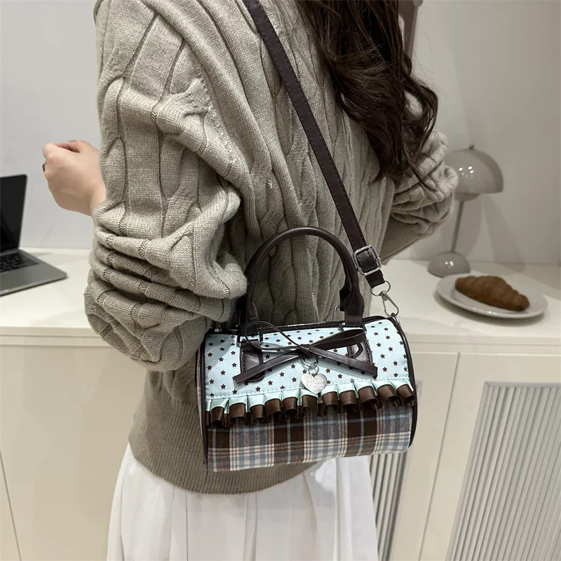 Korean Bow Polka Dot Bag Fashion Bowler Bag Color-blocked Lace Y2k Style Handbag Retro Sweet Plaid Crossbody Zipper Shoulder Bag