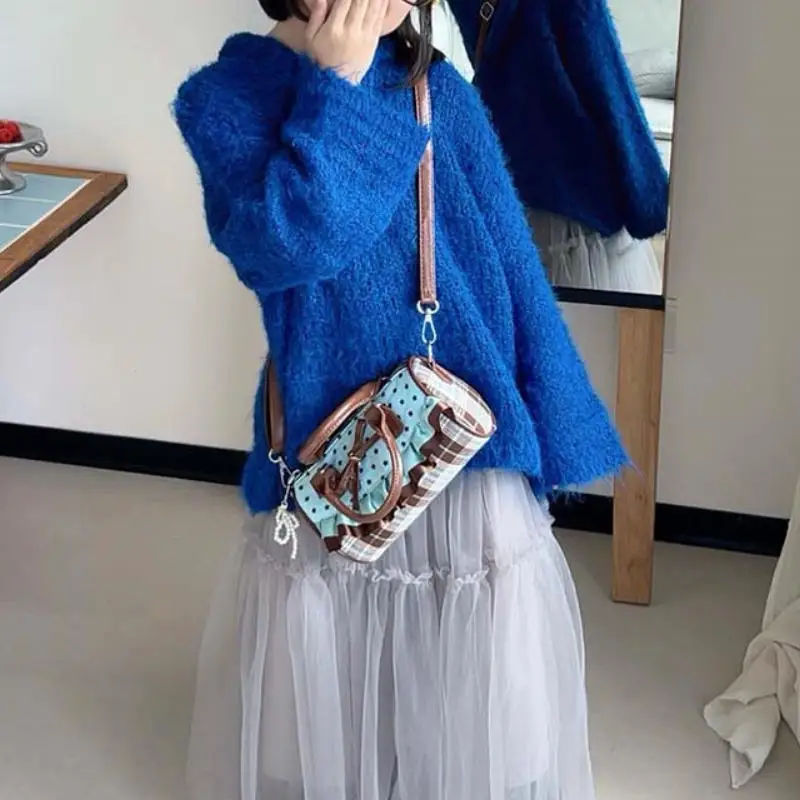 Korean Bow Polka Dot Bag Fashion Bowler Bag Color-blocked Lace Y2k Style Handbag Retro Sweet Plaid Crossbody Zipper Shoulder Bag