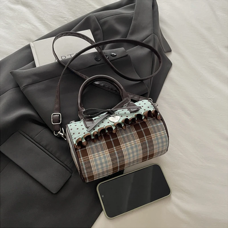 Korean Bow Polka Dot Bag Fashion Bowler Bag Color-blocked Lace Y2k Style Handbag Retro Sweet Plaid Crossbody Zipper Shoulder Bag