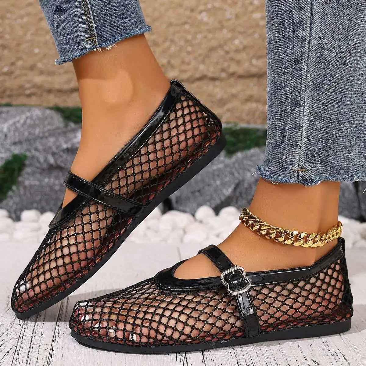 Mesh Black Ballet Shoes Female 2026 Summer New Flat Hollow Mesh Breathable Buckle Strap Single Shoes Fishnet Shoes Woman Sandals