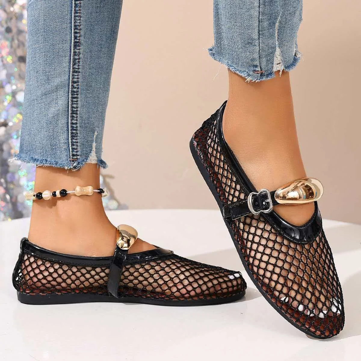 Mesh Black Ballet Shoes Female 2026 Summer New Flat Hollow Mesh Breathable Buckle Strap Single Shoes Fishnet Shoes Woman Sandals