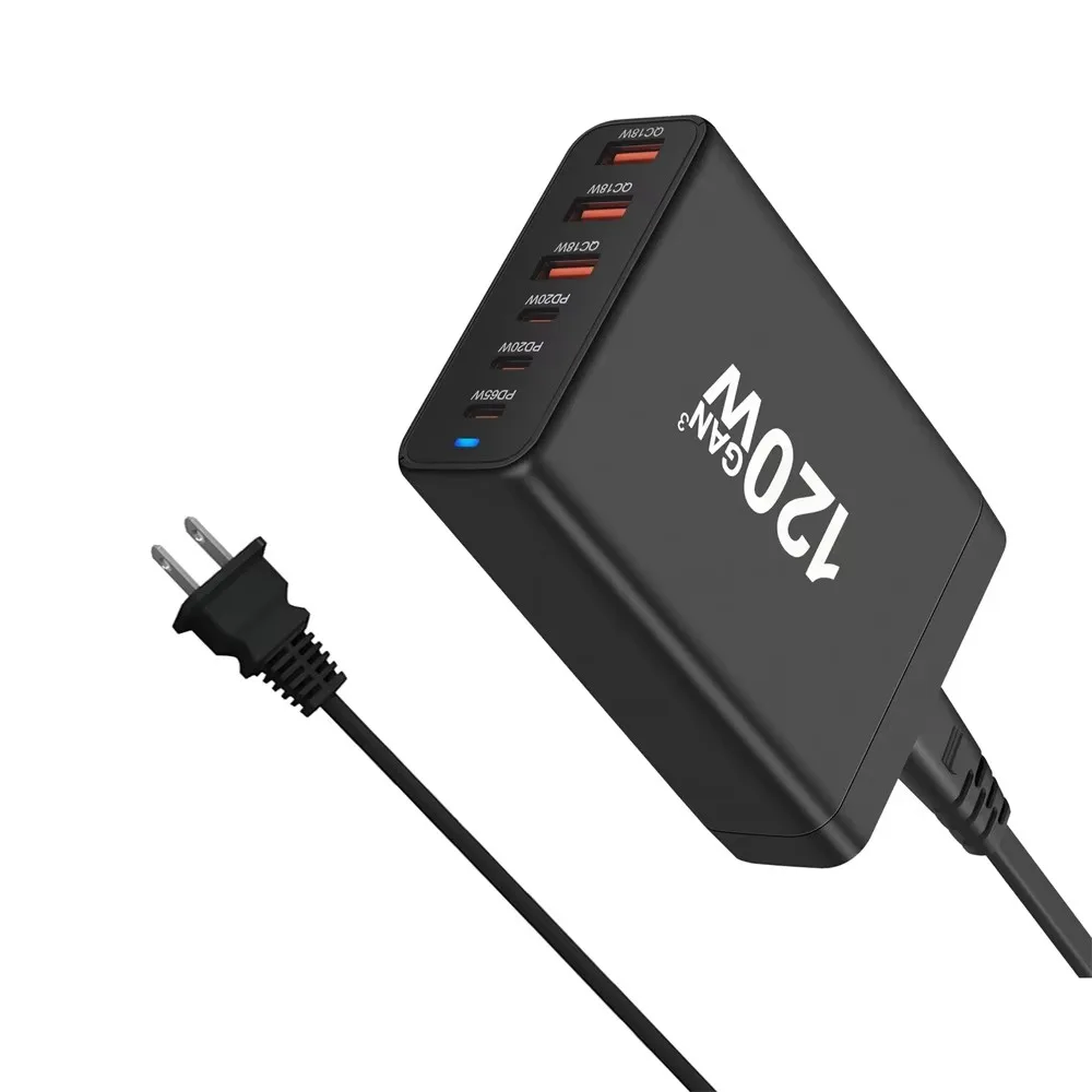 120W GAN Multi USB Charging Station 6-Port Hub Type-C Charger PD Fast Charging Smart Charger for iPhone Samsung Xiaomi