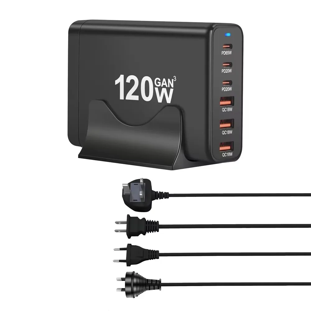 120W GAN Multi USB Charging Station 6-Port Hub Type-C Charger PD Fast Charging Smart Charger for iPhone Samsung Xiaomi