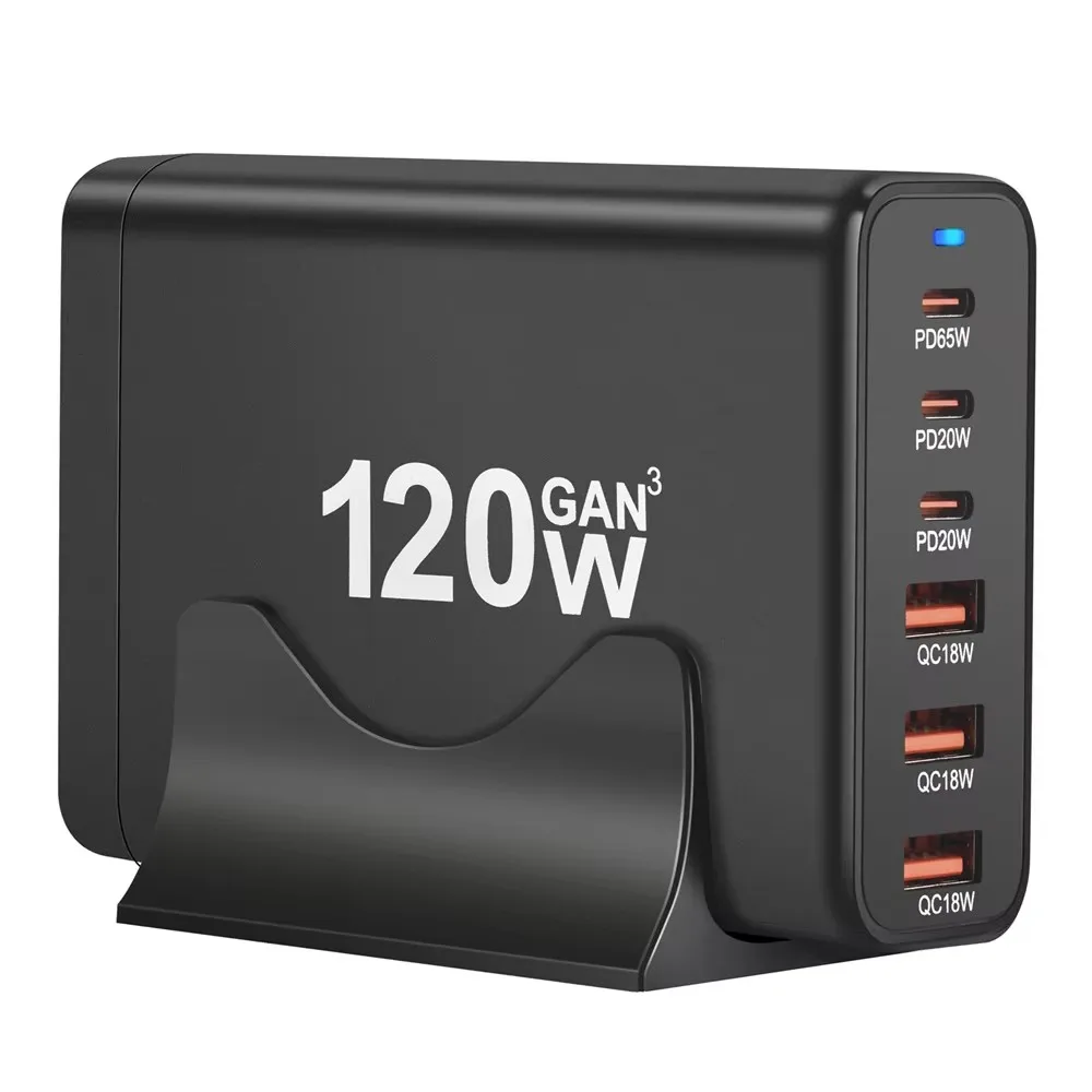 120W GAN Multi USB Charging Station 6-Port Hub Type-C Charger PD Fast Charging Smart Charger for iPhone Samsung Xiaomi
