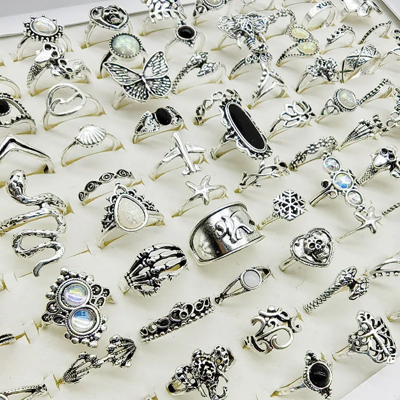 50pcs/Lot Mix Style Vintage Alloy Finger Rings for Women Black Enamel Skull Butterfly Elephant Fake Opal Jewelry Flower Gifts