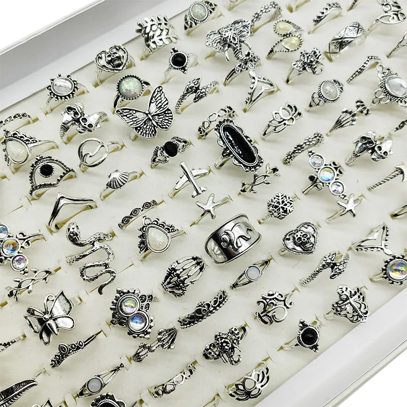 50pcs/Lot Mix Style Vintage Alloy Finger Rings for Women Black Enamel Skull Butterfly Elephant Fake Opal Jewelry Flower Gifts