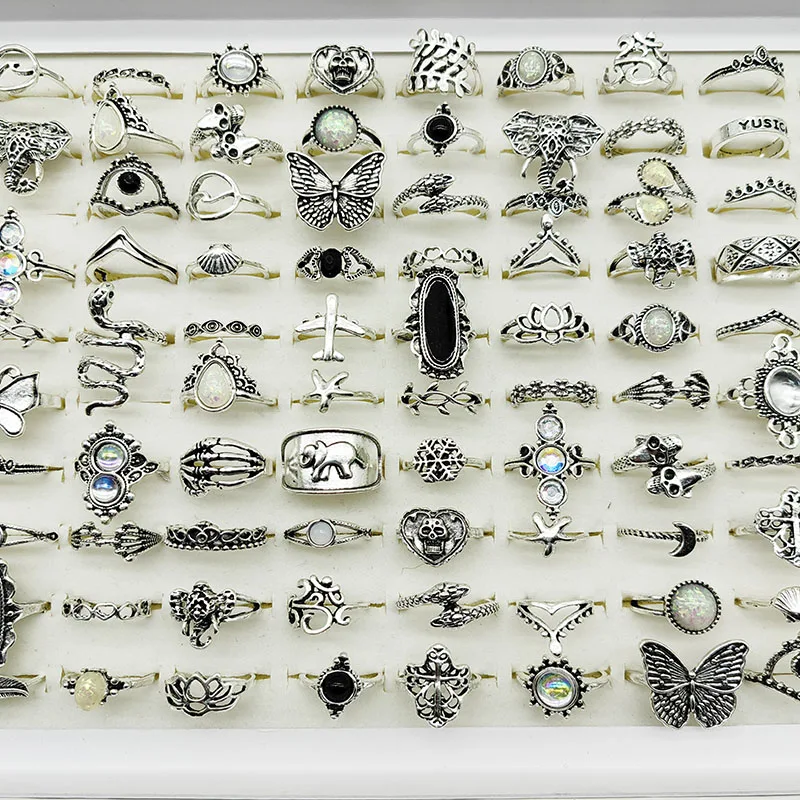 50pcs/Lot Mix Style Vintage Alloy Finger Rings for Women Black Enamel Skull Butterfly Elephant Fake Opal Jewelry Flower Gifts