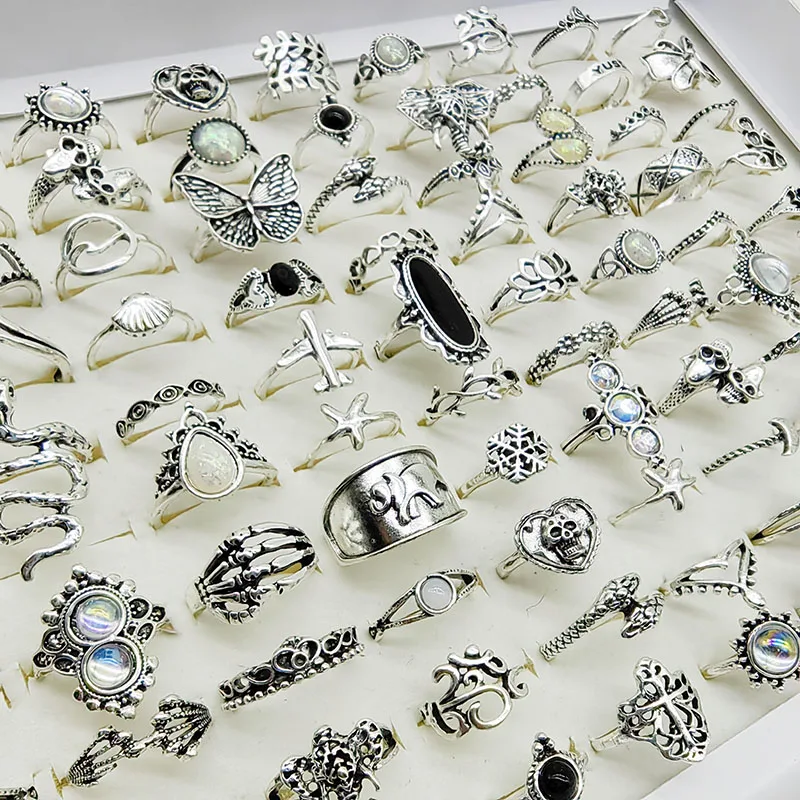 50pcs/Lot Mix Style Vintage Alloy Finger Rings for Women Black Enamel Skull Butterfly Elephant Fake Opal Jewelry Flower Gifts