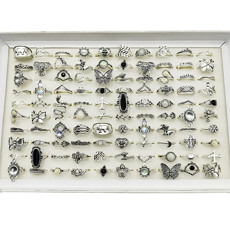 50pcs/Lot Mix Style Vintage Alloy Finger Rings for Women Black Enamel Skull Butterfly Elephant Fake Opal Jewelry Flower Gifts
