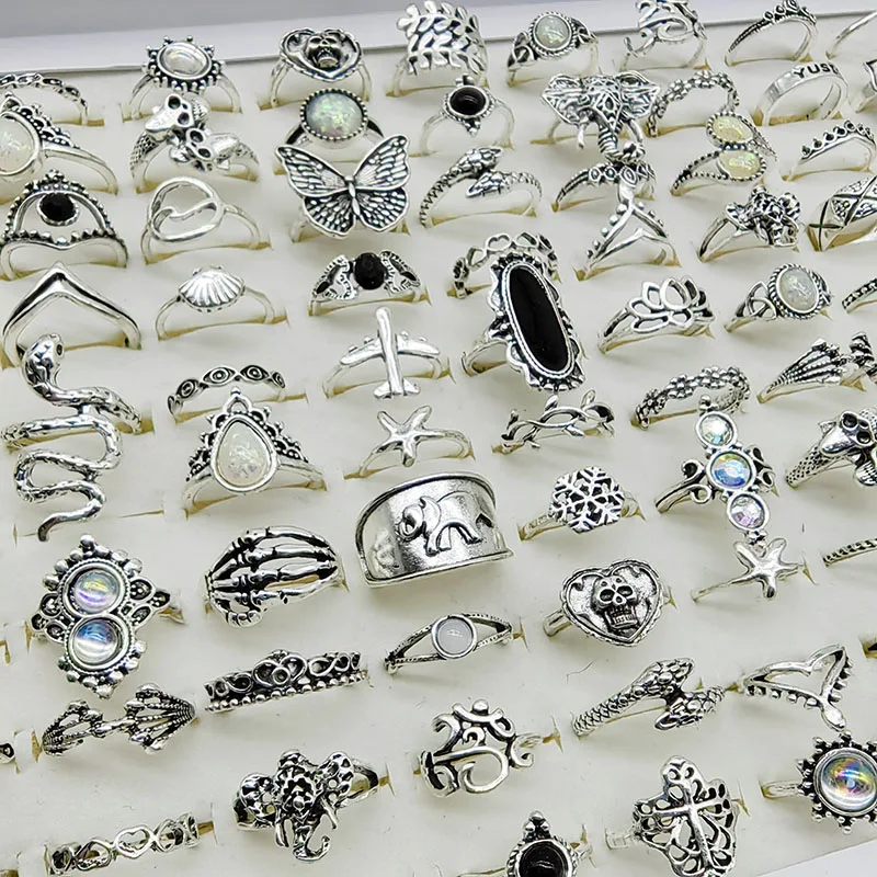 50pcs/Lot Mix Style Vintage Alloy Finger Rings for Women Black Enamel Skull Butterfly Elephant Fake Opal Jewelry Flower Gifts