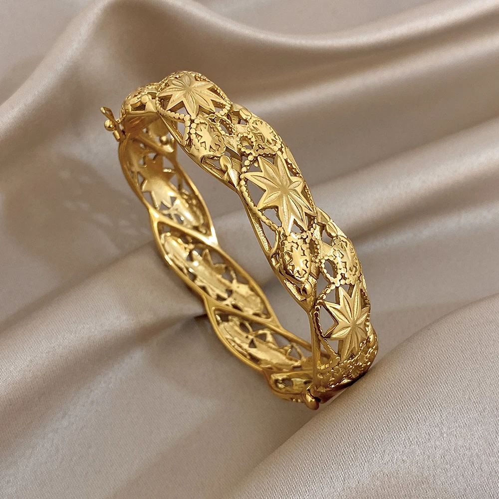 Greatera Retro Plated Gold Women's Cuff Bracelet Classic Geometry Hollow Stainless Steel Charm Colorfast Bangle European America
