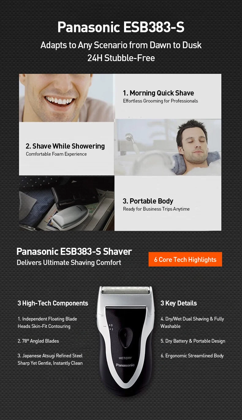 Panasonic Portable Shaver Dry/Wet Dual Shaving Battery-powered Reciprocating Electric Shaver for Men