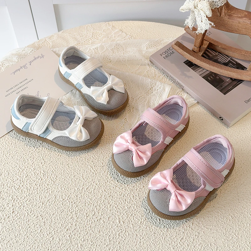 Spring Autumn Kids Toddler Girls Mary Jane Sneakers Bow Decor Soft Non-Slip Sole Breathable Lightweight for Daily School Wear