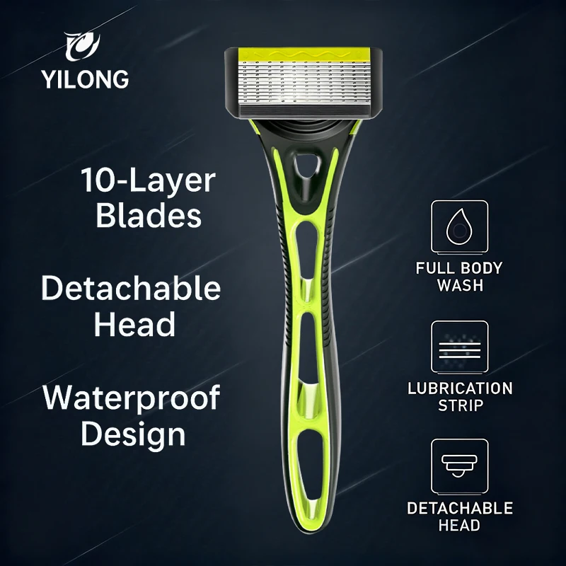 10-Blade Razor for Men Women with 1 Handle & 4 Refills, Stainless Steel Replaceable Shaver Blades, Manual Grooming Kit