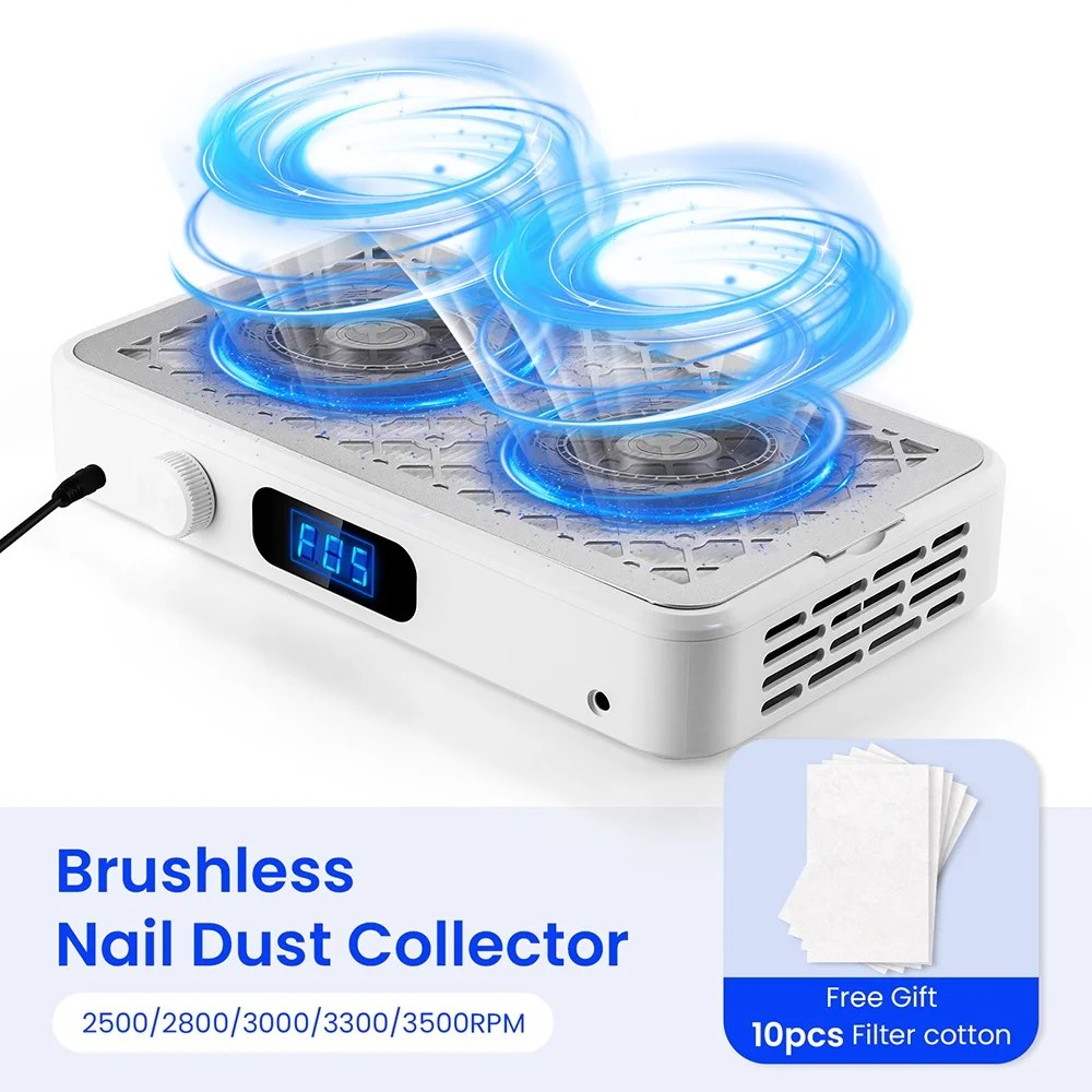 2500/2800/3000/3300/3500rpm Speed Adjustable Brushless Nail Dust Collector Powerful Twin Turbo Vacuum Nail Dust Extractor