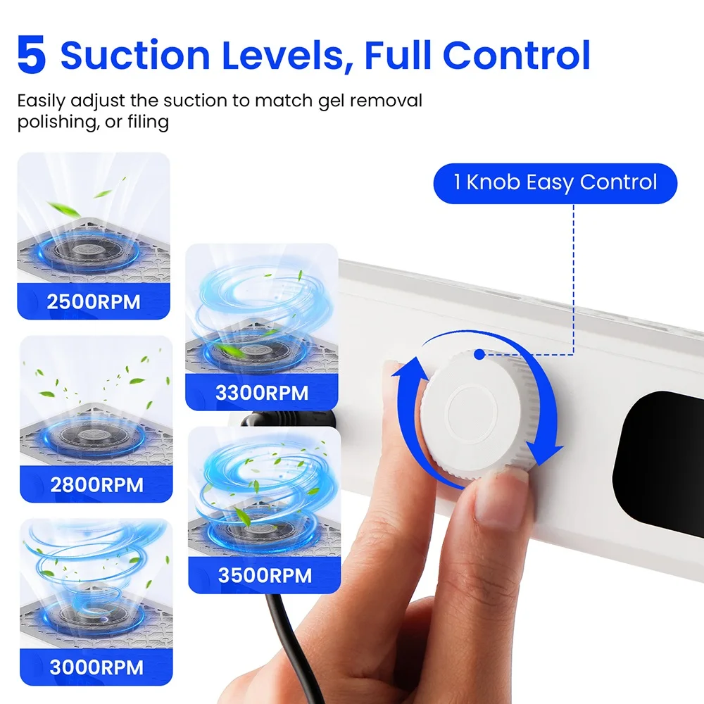 2500/2800/3000/3300/3500rpm Speed Adjustable Brushless Nail Dust Collector Powerful Twin Turbo Vacuum Nail Dust Extractor
