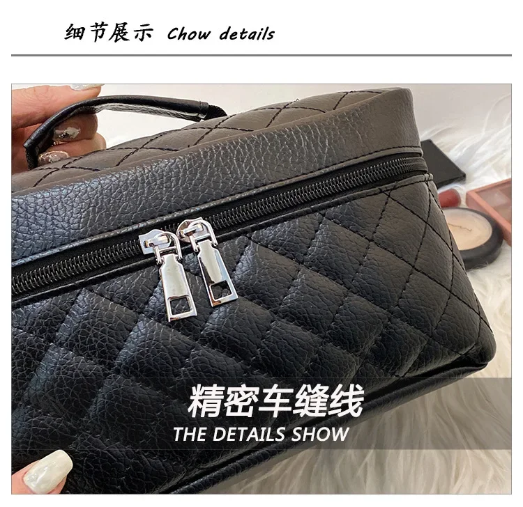 Travel Fashion Makeup Bag Large Capacity Black Handheld PU Embroidery Thread Diamond Grid Toilet Bag Makeup Storage Bag