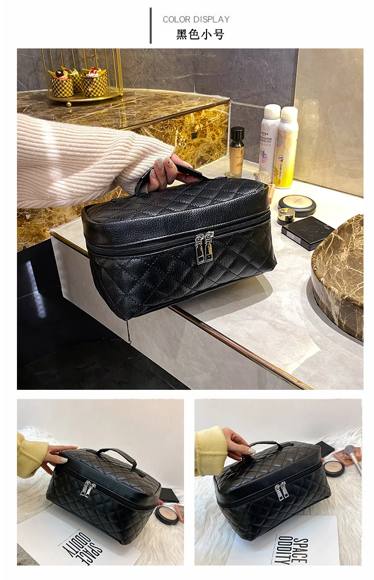 Travel Fashion Makeup Bag Large Capacity Black Handheld PU Embroidery Thread Diamond Grid Toilet Bag Makeup Storage Bag