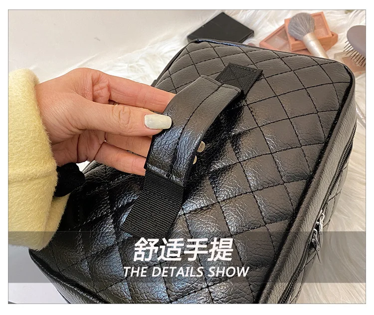 Travel Fashion Makeup Bag Large Capacity Black Handheld PU Embroidery Thread Diamond Grid Toilet Bag Makeup Storage Bag