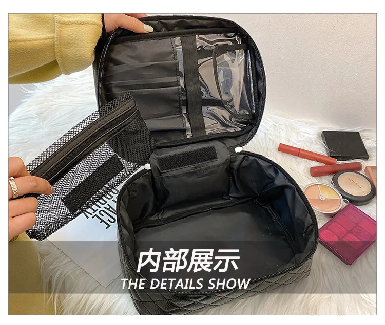 Travel Fashion Makeup Bag Large Capacity Black Handheld PU Embroidery Thread Diamond Grid Toilet Bag Makeup Storage Bag