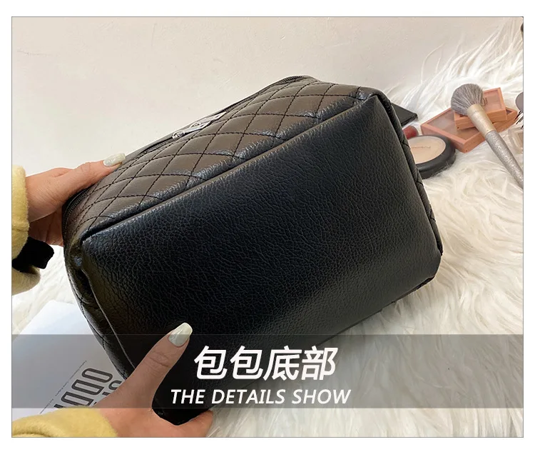 Travel Fashion Makeup Bag Large Capacity Black Handheld PU Embroidery Thread Diamond Grid Toilet Bag Makeup Storage Bag