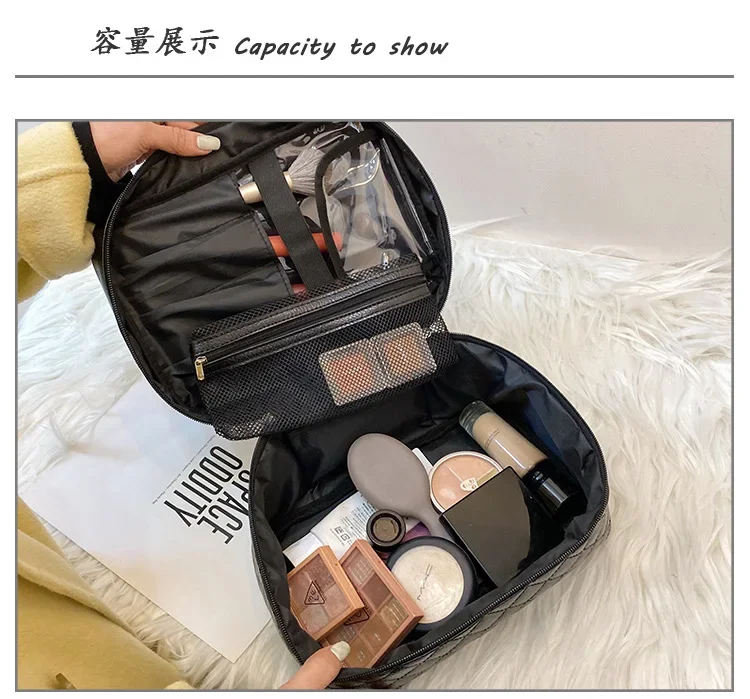 Travel Fashion Makeup Bag Large Capacity Black Handheld PU Embroidery Thread Diamond Grid Toilet Bag Makeup Storage Bag