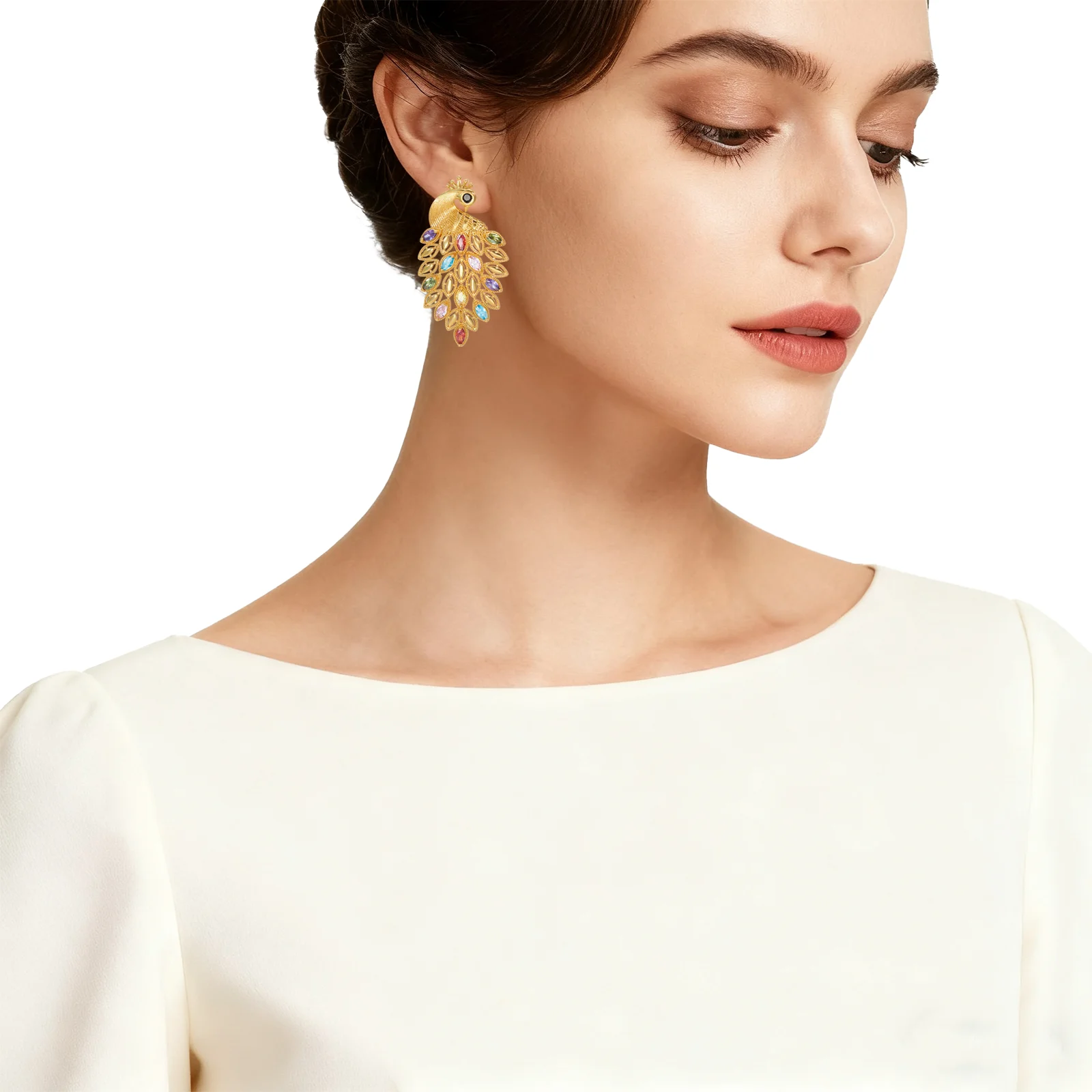 YTJX Luxury Colorful Zircon Women Earrings Hight Quality 18K Gold Plated Phoenix Shaped Big Earrings For Party Jewelry Gifts ﻿
