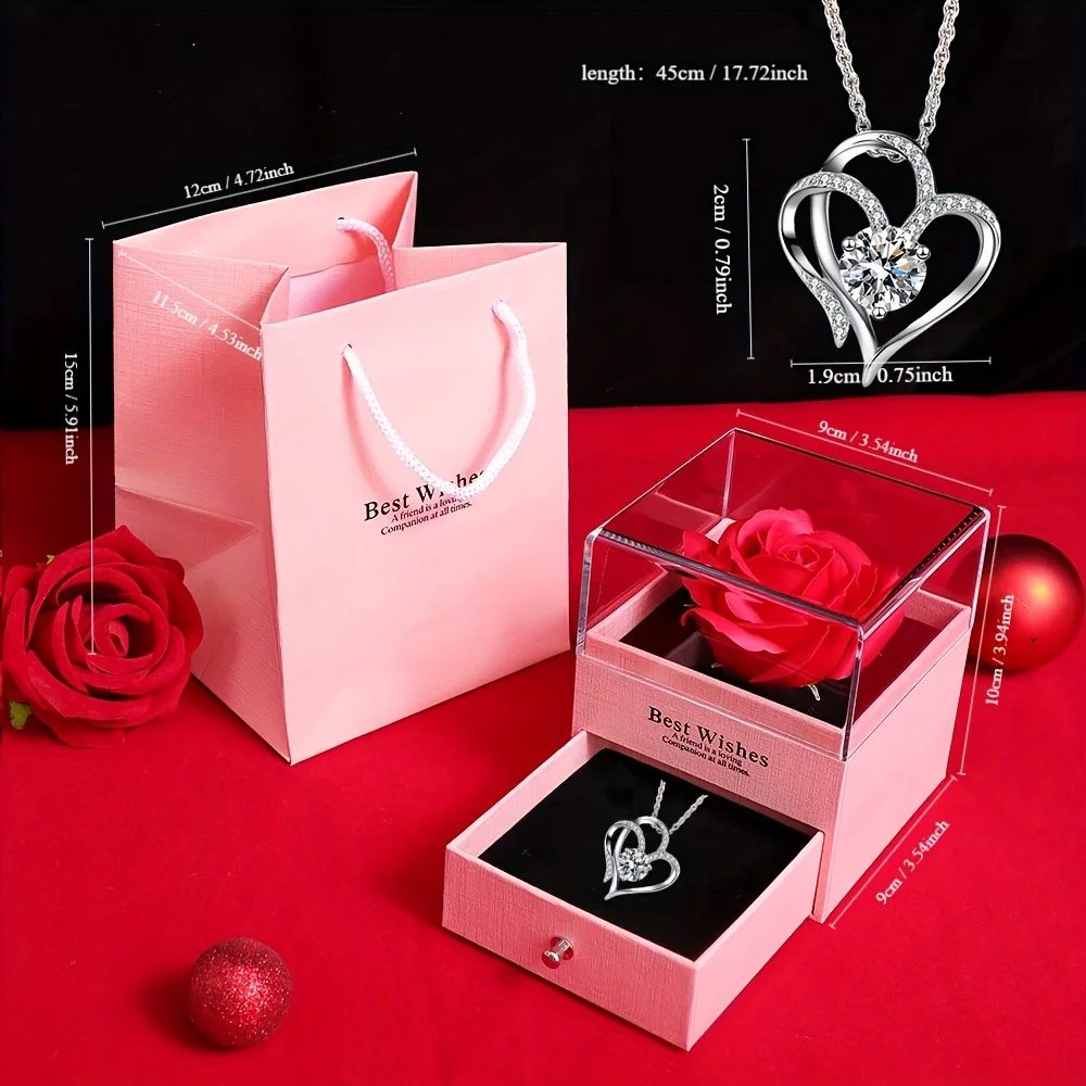 1 Set Elegant Plastic Preserved Rose Gift Box with Heart-Shaped Necklace, Ideal for Valentine'S Day, Mother'S Day, Birthday