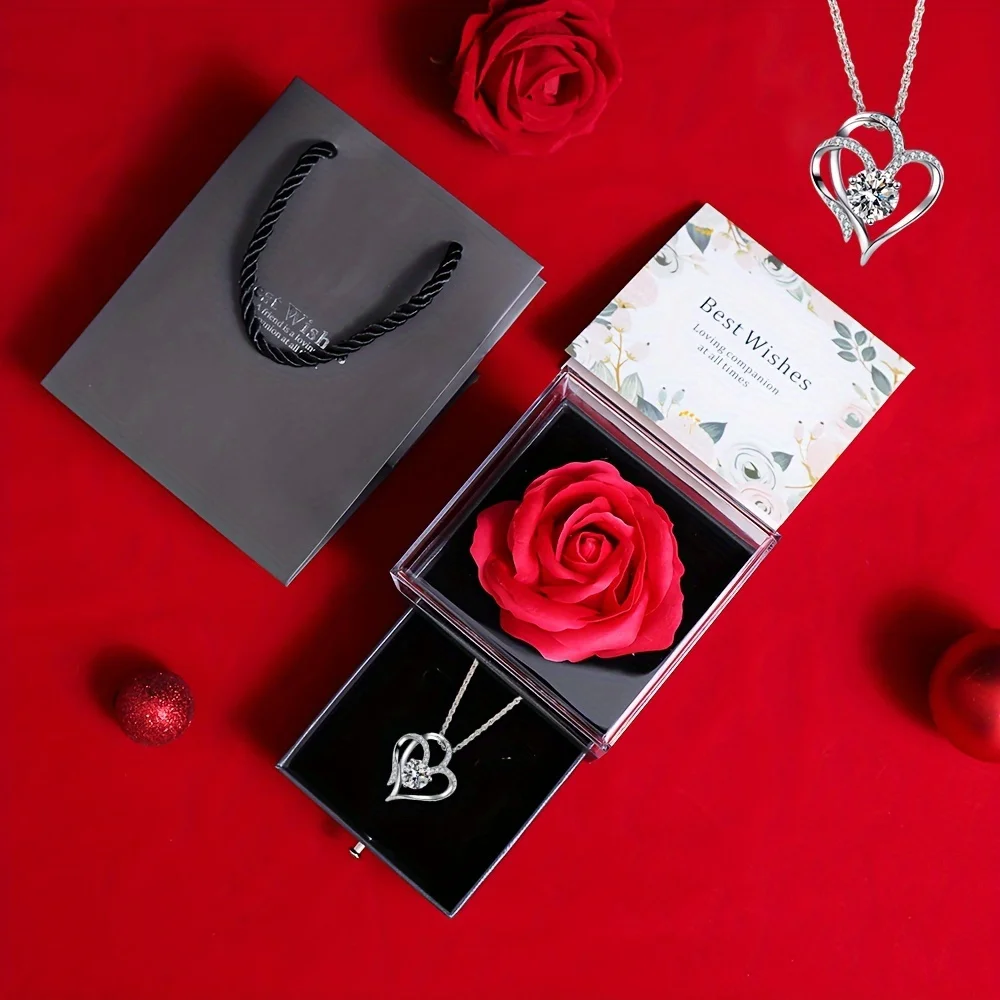1 Set Elegant Plastic Preserved Rose Gift Box with Heart-Shaped Necklace, Ideal for Valentine'S Day, Mother'S Day, Birthday