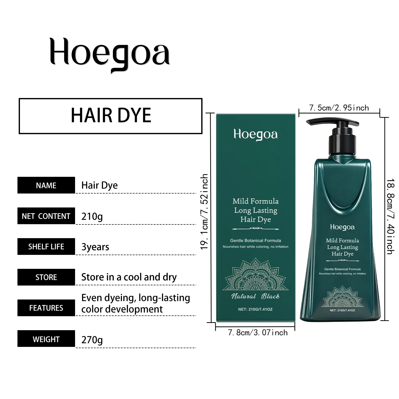 Natural Plant-Based Hair Color Cream Hair Dye for Gray Coverage - Dark Tea, Natural Black, Chestnut Brown Non-Damaging Hair Tint
