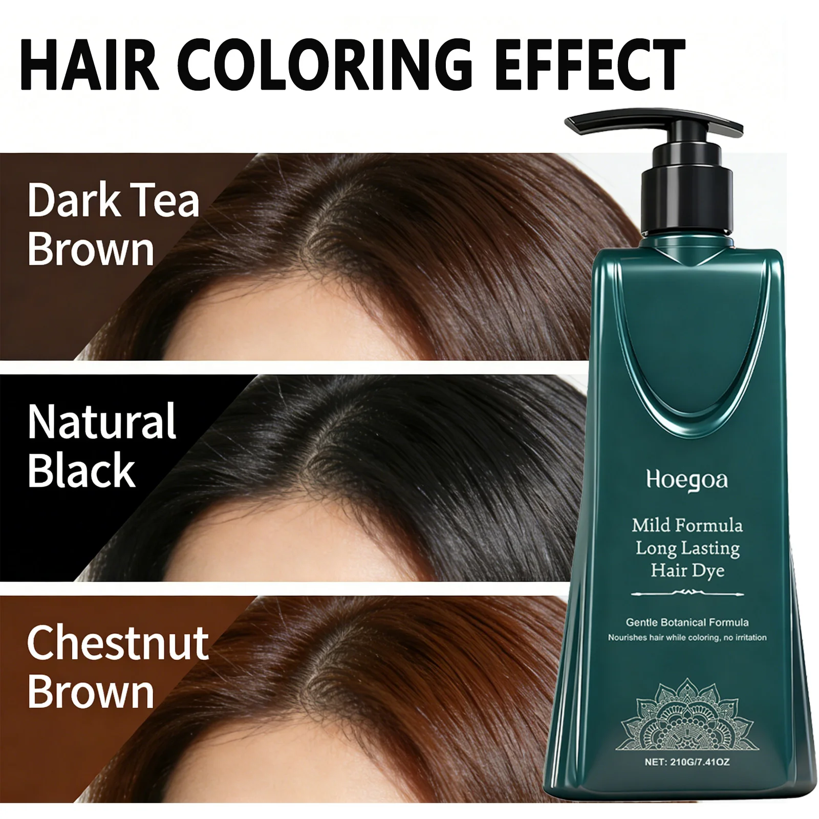 Natural Plant-Based Hair Color Cream Hair Dye for Gray Coverage - Dark Tea, Natural Black, Chestnut Brown Non-Damaging Hair Tint