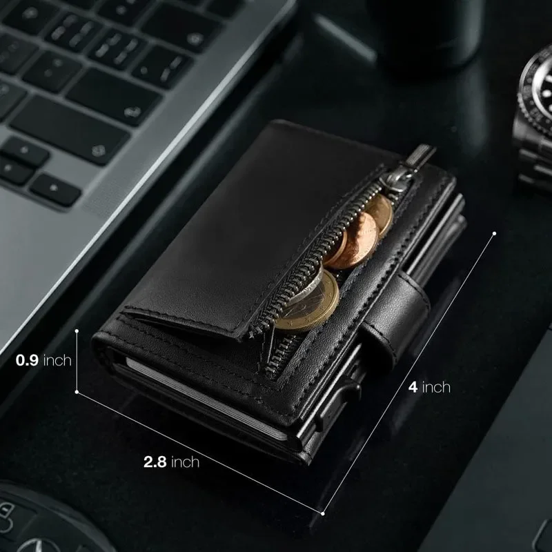 Men's Genuine Leather Trendy Wallet RFID Blocking with Aluminum Case Design Anti-Theft Magnetic Proof Zipper Coin Pocket Wallet