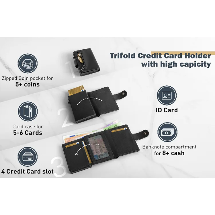 Men's Genuine Leather Trendy Wallet RFID Blocking with Aluminum Case Design Anti-Theft Magnetic Proof Zipper Coin Pocket Wallet