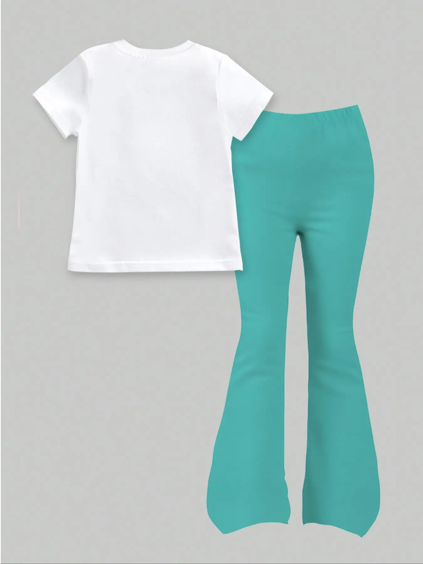 Fresh Mint Green Short-Sleeve Letter-Number Outfit for Girls Aged 4-12, with White Short-Sleeve Top and Mint Green "67 Six Seven" Letter-Number Print on Bell-Bottom Pants