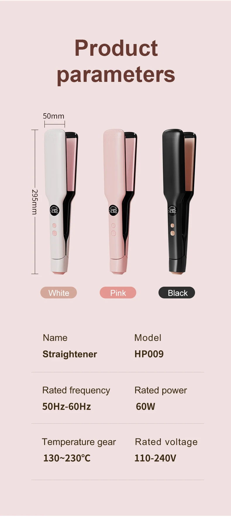Professional Hair Straightener Curling Iron Ceramic Flat Iron Negative Ion Wide Plate Temperature Adjustable Hair Straightener