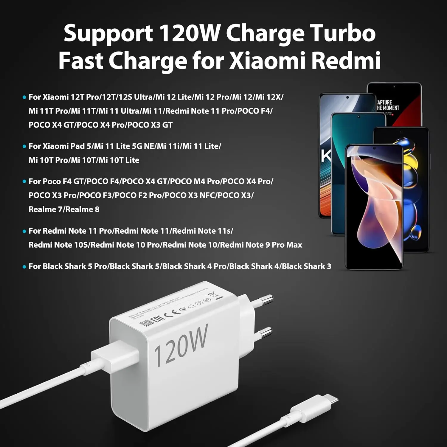120W Fast USB Charger for Xiaomi 11 12 13 14 Redmi Note 11T 12 12T 13 14 Pro POCO F4 F5 X4 X5 X6 Type C Turbo Charging 6A Cable