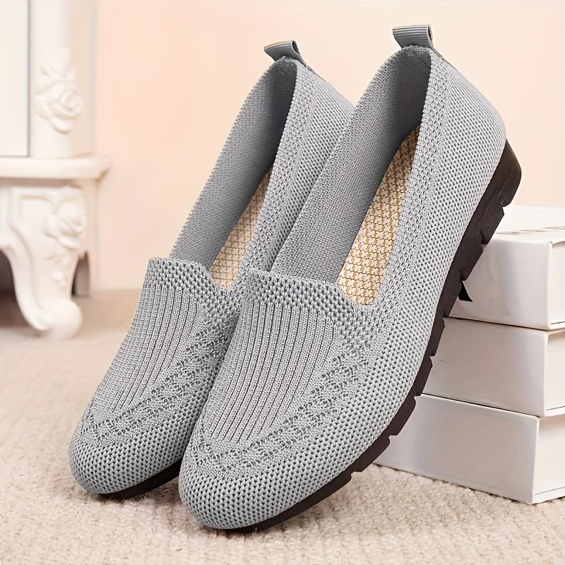 Women's Solid Color Knit Loafers Lightweight Anti Slip Flat Shoes for Casual Wear