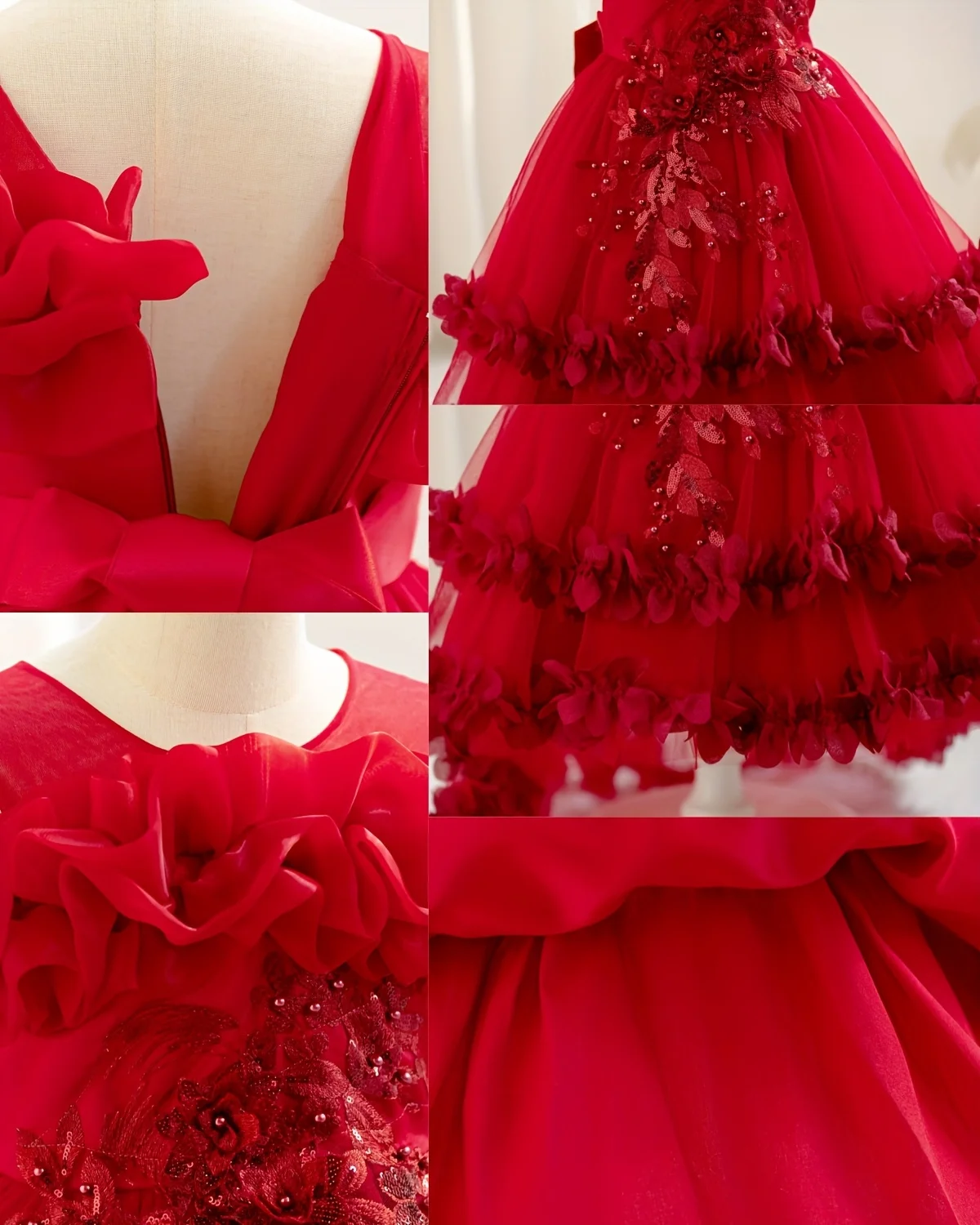 New Children's Dress Shoulder Birthday Party Princess Dress Solid Color Wedding Dress Holiday Dress Three-Dimensional Flowers