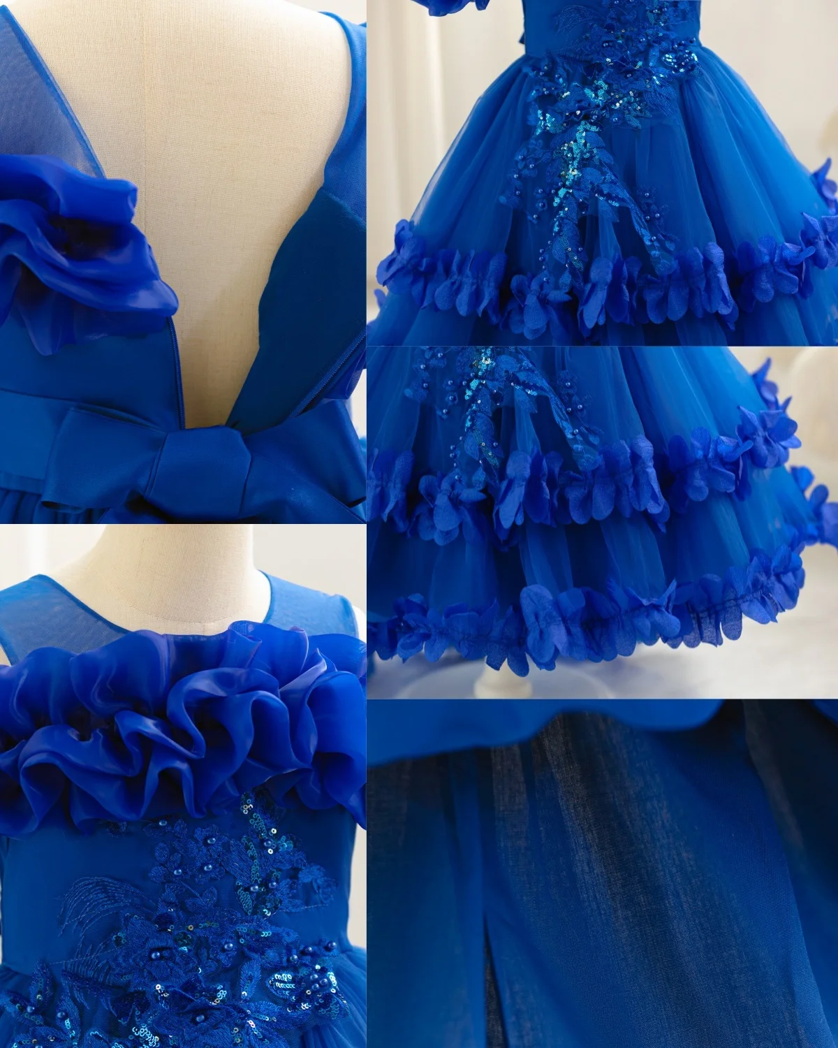 New Children's Dress Shoulder Birthday Party Princess Dress Solid Color Wedding Dress Holiday Dress Three-Dimensional Flowers