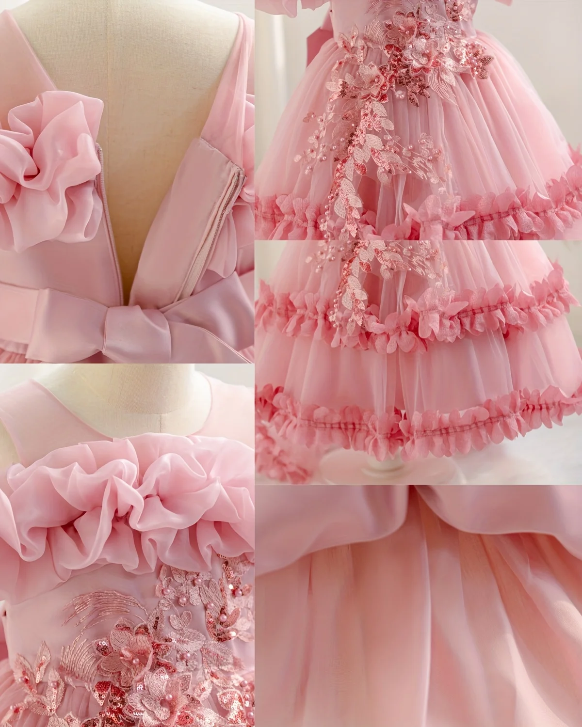 New Children's Dress Shoulder Birthday Party Princess Dress Solid Color Wedding Dress Holiday Dress Three-Dimensional Flowers