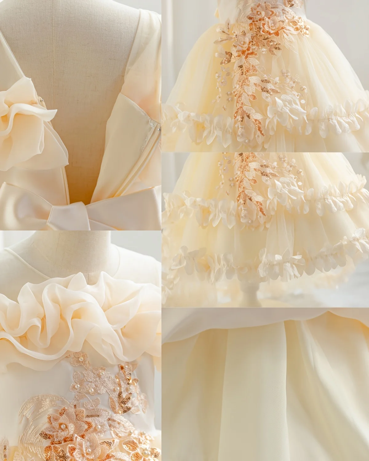 New Children's Dress Shoulder Birthday Party Princess Dress Solid Color Wedding Dress Holiday Dress Three-Dimensional Flowers