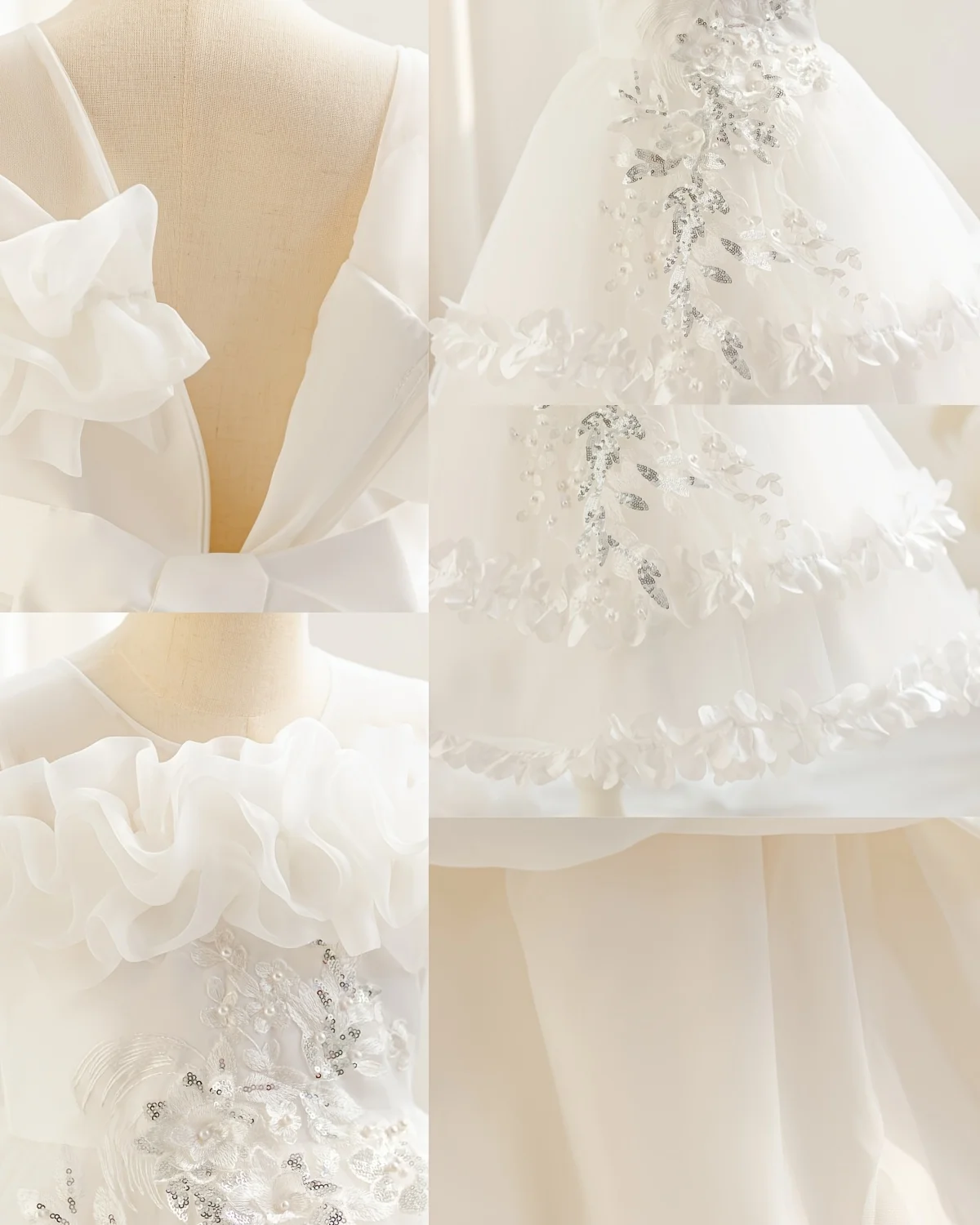 New Children's Dress Shoulder Birthday Party Princess Dress Solid Color Wedding Dress Holiday Dress Three-Dimensional Flowers