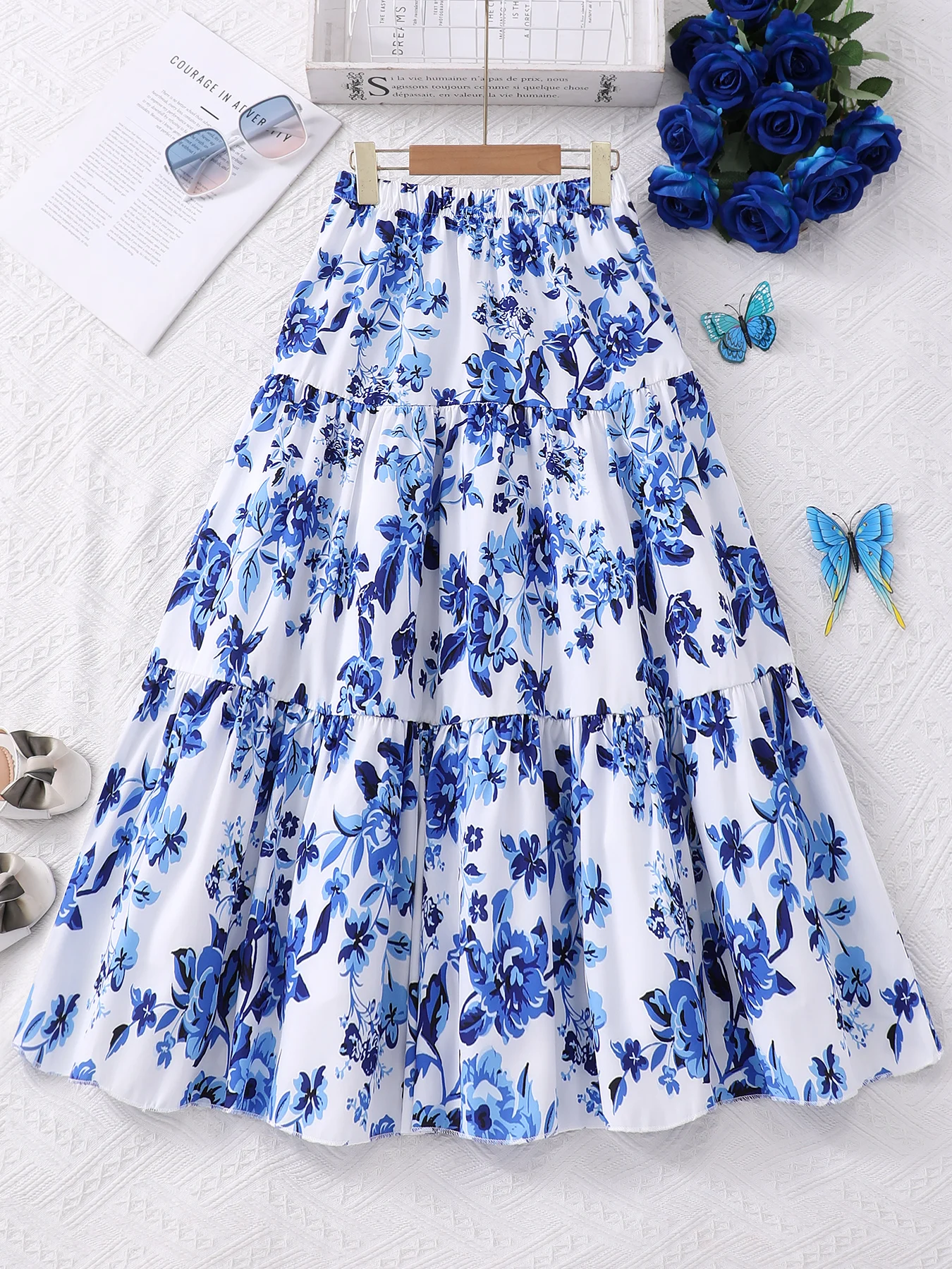 Women's and Children's A-Line Skirt in Country Style with Fashionable Flower Print Casual Midi Skirt Suitable for Daily Wear,