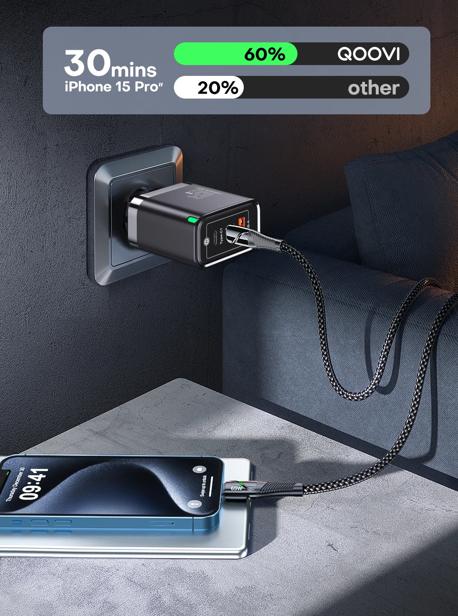 QOOVI GaN 65W Charger USB Type C Fast Charging Quick Charge 4.0 Adapter USB-C PD Charger For iPhone Samsung Xiaomi Macbook iPad