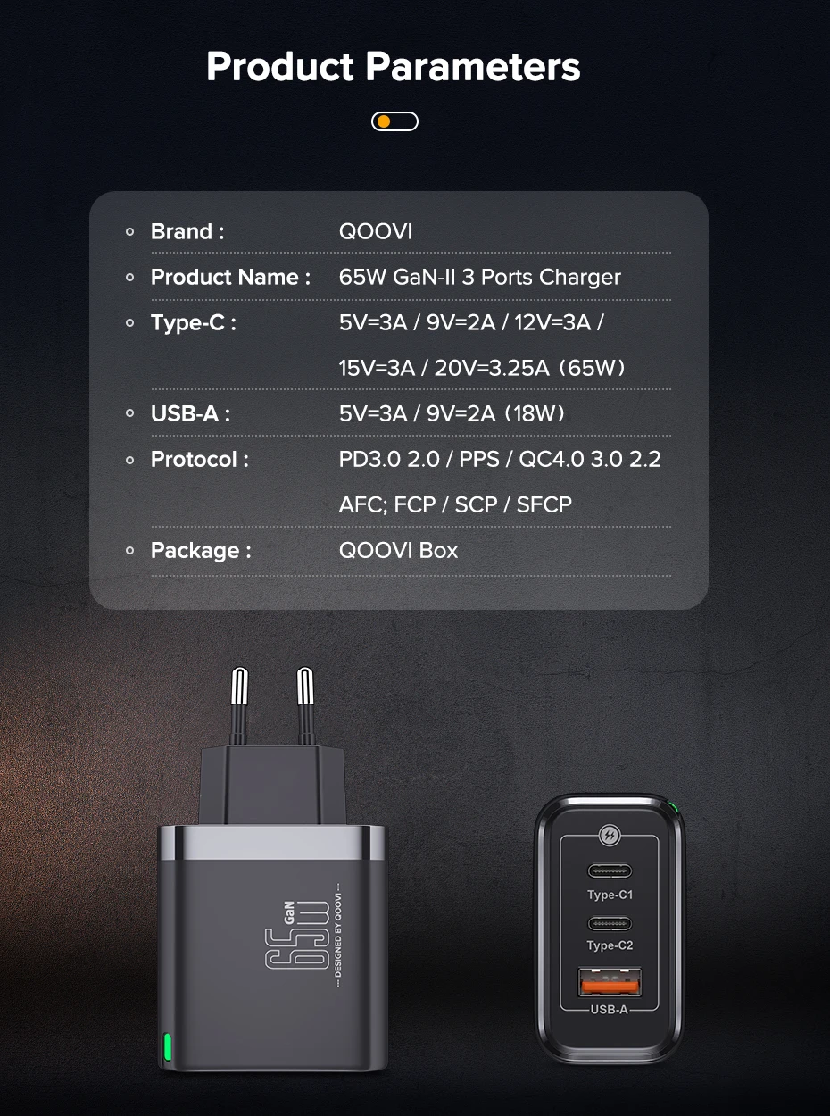 QOOVI GaN 65W Charger USB Type C Fast Charging Quick Charge 4.0 Adapter USB-C PD Charger For iPhone Samsung Xiaomi Macbook iPad