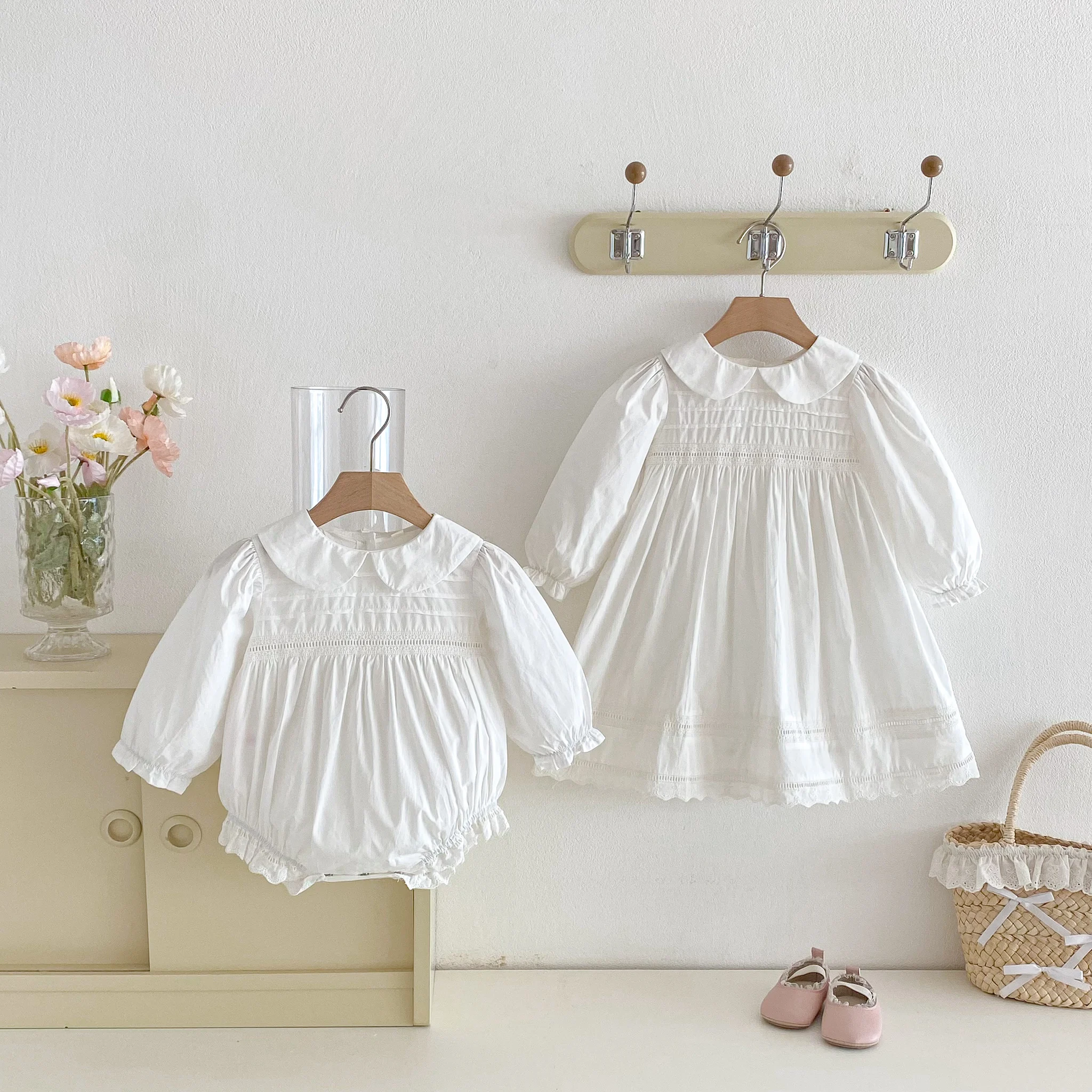 1-7Yrs Casual Girls Dress Spring Kids Clothes Cotton Lace Sweet Peter Collar White Baby Girl Embroider Princess Party Dresses