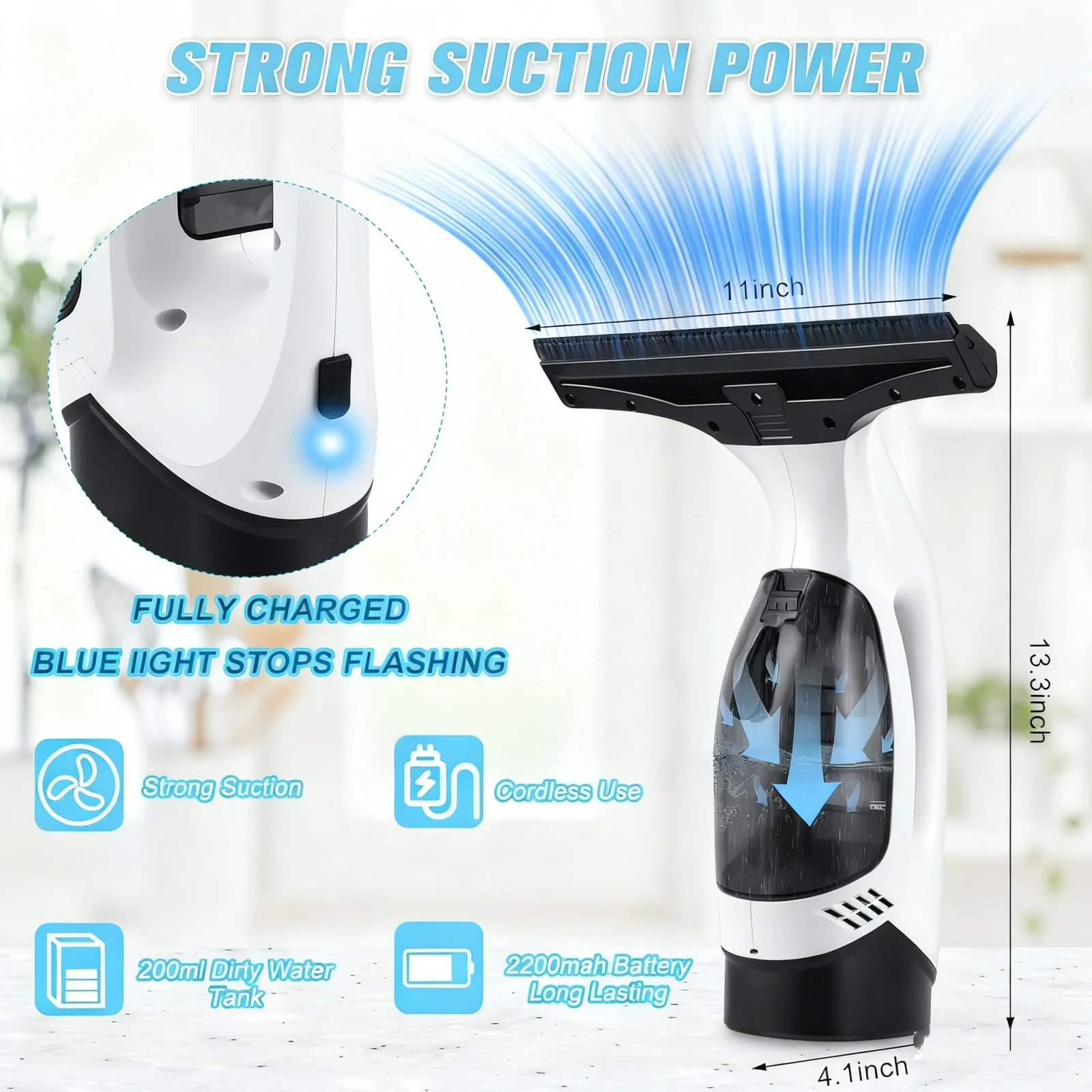 Cordless Window Vacuum Cleaner Rechargable 3-in-1 Spray/Clean/Suck Window Cleaning Tool Set for Showers Mirrors Tiles Home Use