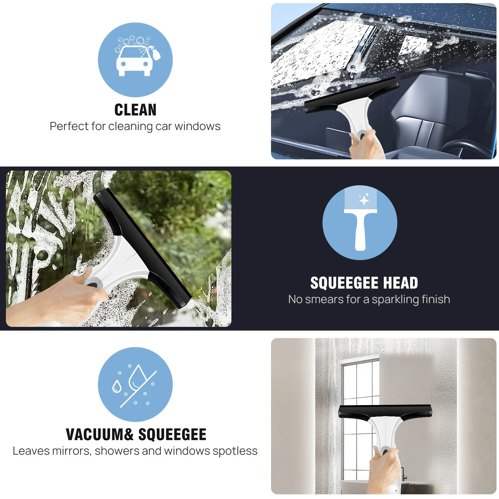 Cordless Window Vacuum Cleaner Rechargable 3-in-1 Spray/Clean/Suck Window Cleaning Tool Set for Showers Mirrors Tiles Home Use