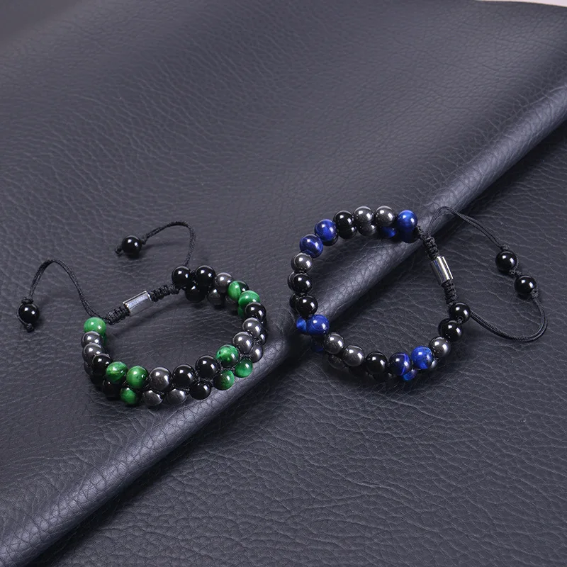 Triple Protection Bracelet 8mm Beads Bracelet Tigers Eye Black Obsidian Hematite Bracelet for Men Women Healing Crystal Bangle