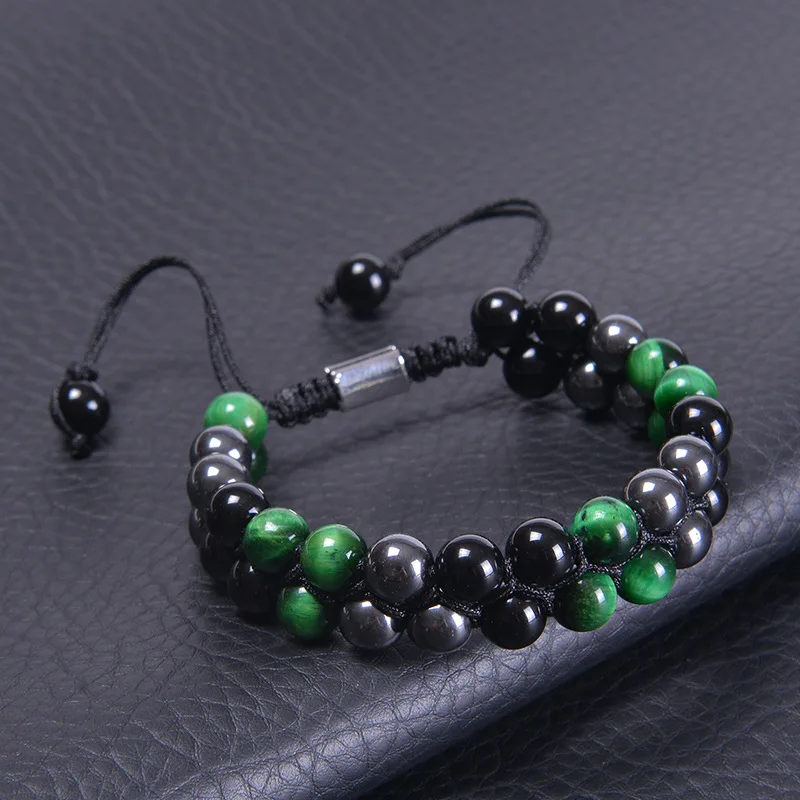 Triple Protection Bracelet 8mm Beads Bracelet Tigers Eye Black Obsidian Hematite Bracelet for Men Women Healing Crystal Bangle